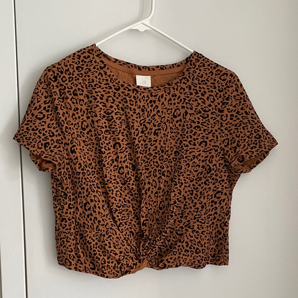 H&M Brown Leopard Print Short Sleeve Crop Top | Size M | 100% Cotton